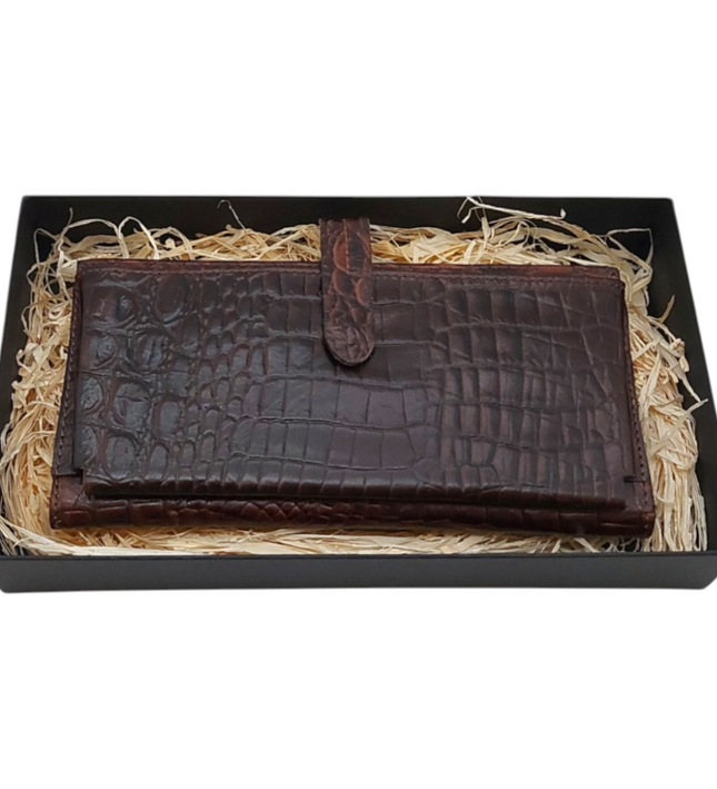 Dames portemonnee van rundleer met telefoonvak – croco print