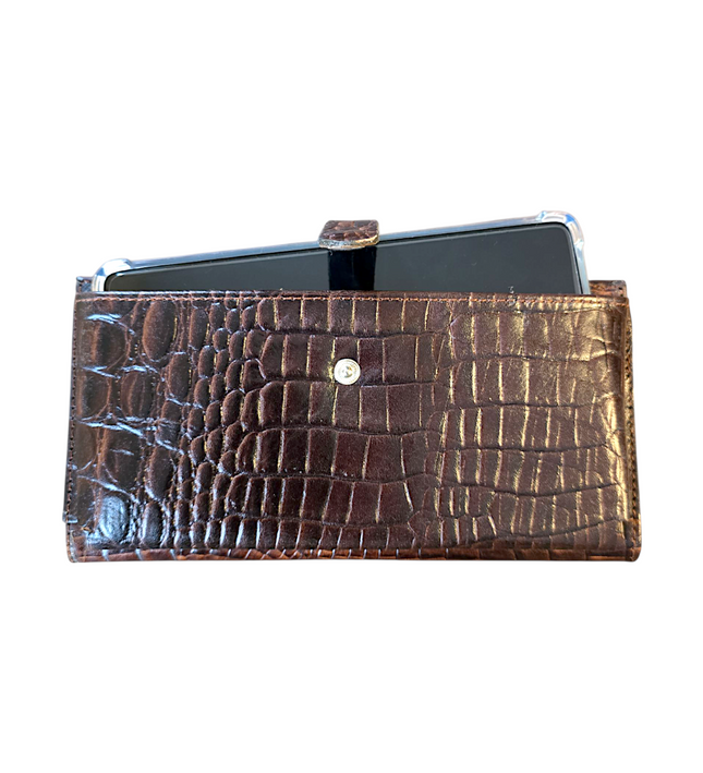 Dames portemonnee van rundleer met telefoonvak – croco print